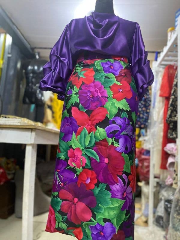 cowl neck blouse with floral satin pencil skirt