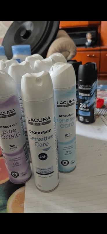 This is a Lacura Body Deodorant Spray collection — imported European deodorants with different variants like Sensitive Care, Pure Basic, Cool Fresh.