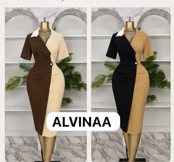 SHORT SLEEVE LAPEL COLLAR TWO-TONE COLOR BLOCK BODYCON CORPORATE MIDI DRESS WITH WHITE CONTRAST COLLAR AND SINGLE SIDE-BUTTON ACCENT