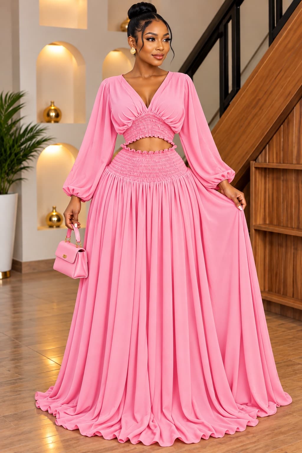 LONG SLEEVE V-NECK SMOCKED BODICE MESH CROP TOP AND MATCHING PLEATED MAXI SKIRT TWO-PIECE SET WITH FULL SLIP LINING
