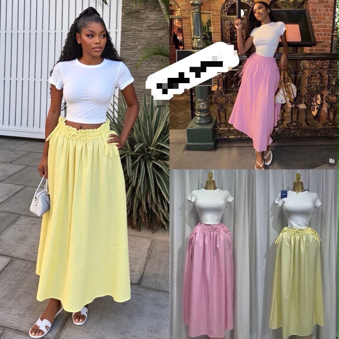 HIGH-WAISTED DRAWSTRING RUFFLED WAISTBAND MAXI A-LINE SKIRT