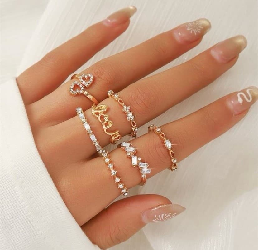 ARHANORY 7pcs Golden Letter Love Rhinestone Joint Ring Set For Women Jewelry Stacking Rings