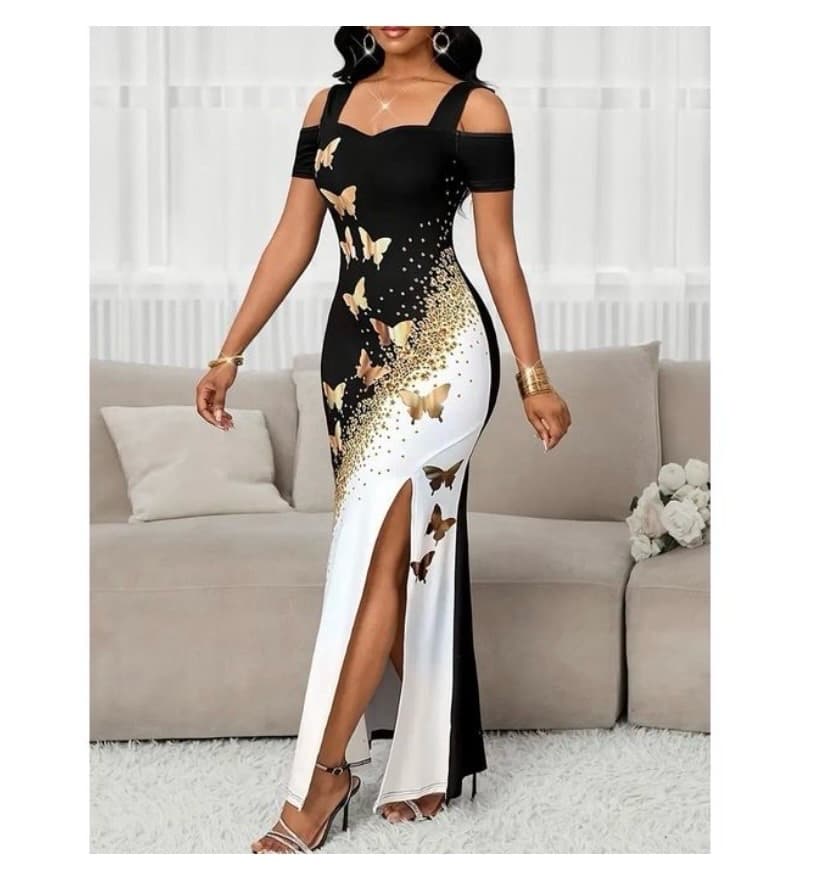 Gukbis Women's Elegant Color-Blocked Butterfly PrintOff-Shoulder Slit Dress